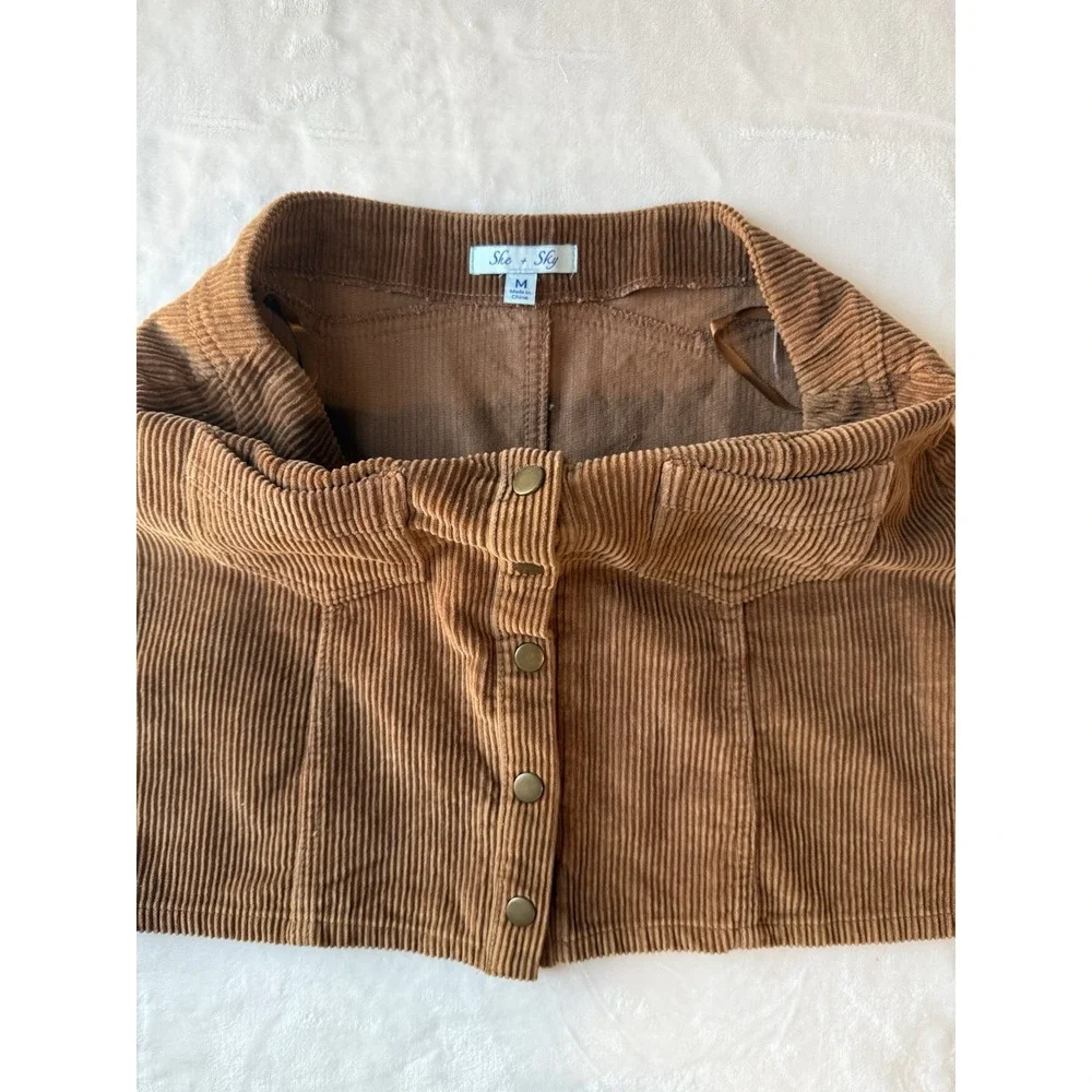 She + Sky Brown Corduroy Button-Front Pocket Mini‎ Skirt Women's Size M Preppy